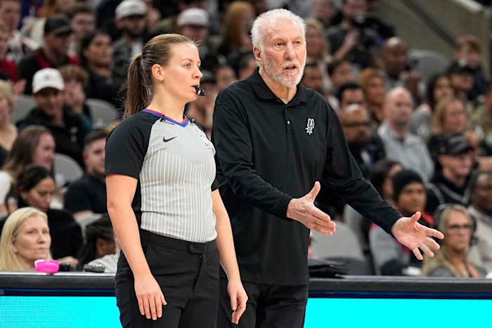 Nov 12, 2023; San Antonio, Texas, USA; San Antonio Spurs head coach Gregg Popovich argues a call with official Dannica Mosher (89) during the second half against the Miami Heat at Frost Bank Center.